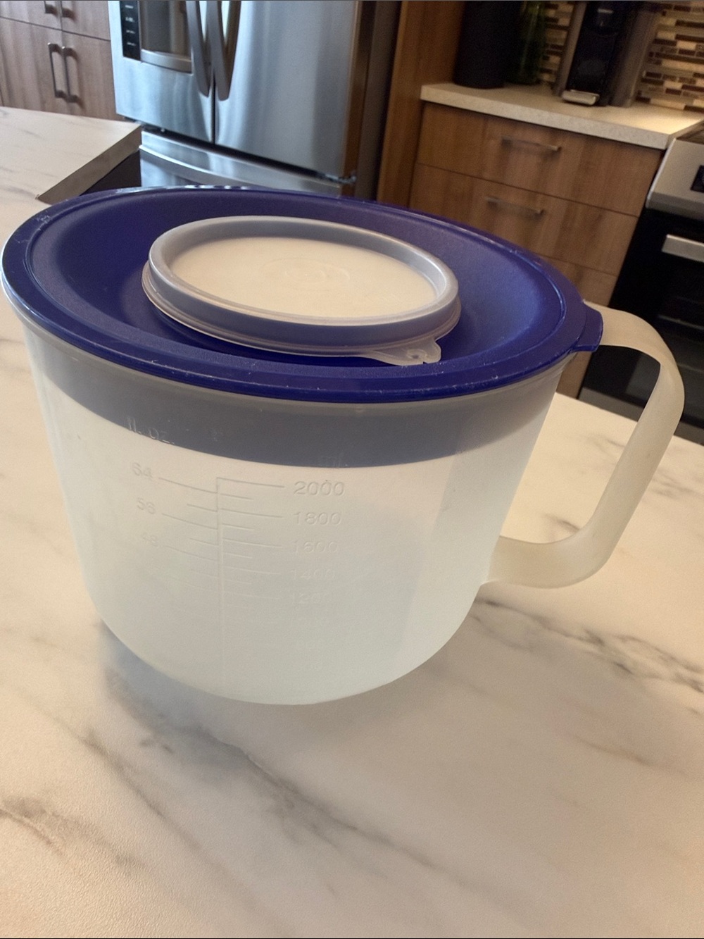 Tupperware Mix-N-Store Measuring Pitcher with Blue Lid and clear insert